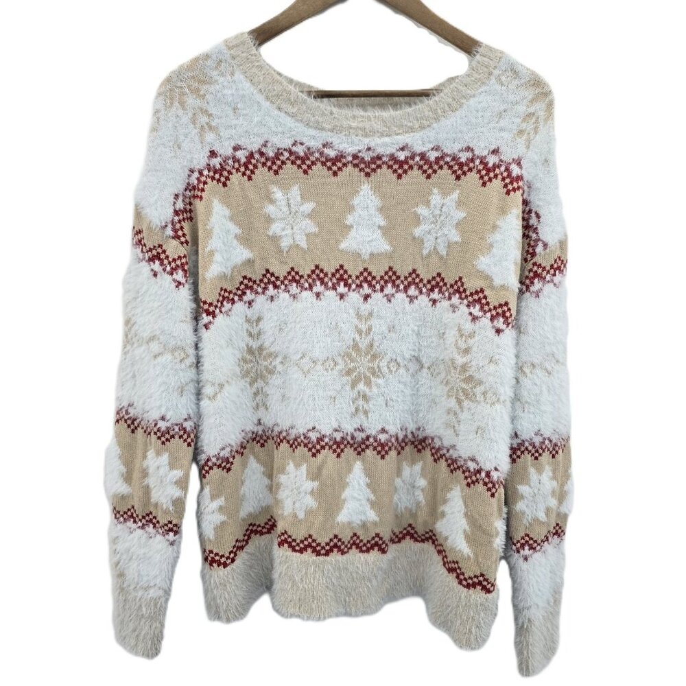 Holiday Time Womens L Beige White Fuzzy Christmas Sweater Tree‎ Snowflake Top